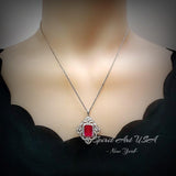 Large Pink Sapphire Necklace Fuchsia Color Gemstone Flower Sterling Silver White Gold Coated - Faceted Rectangle 5 CT Lab Pink Sapphire #819