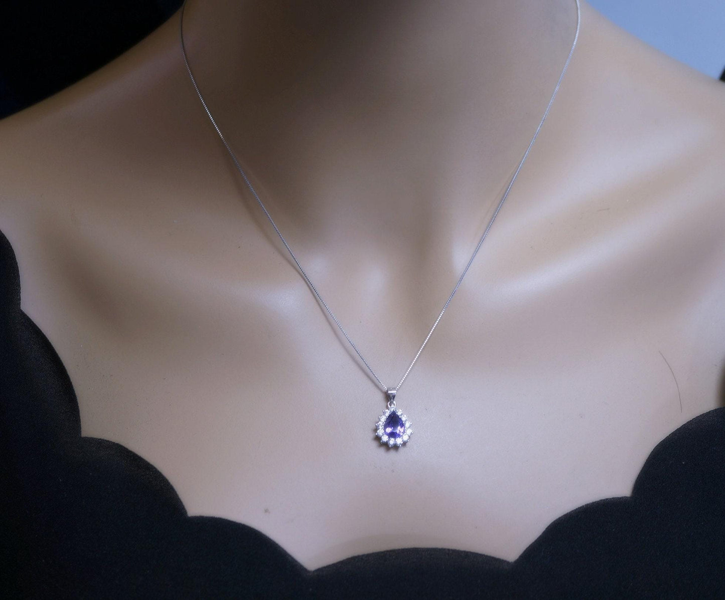 Tiny Genuine Amethyst Necklace - Sterling Silver Teardrop Gemstone 1.2 CT Amethyst Pendant February Birthstone - Halo Jewelry #357