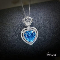 Large Blue Topaz Heart Necklace Full Sterling Silver Ocean Heart of the Ocean My Heart Will Go ON Topaz Pendant 1101