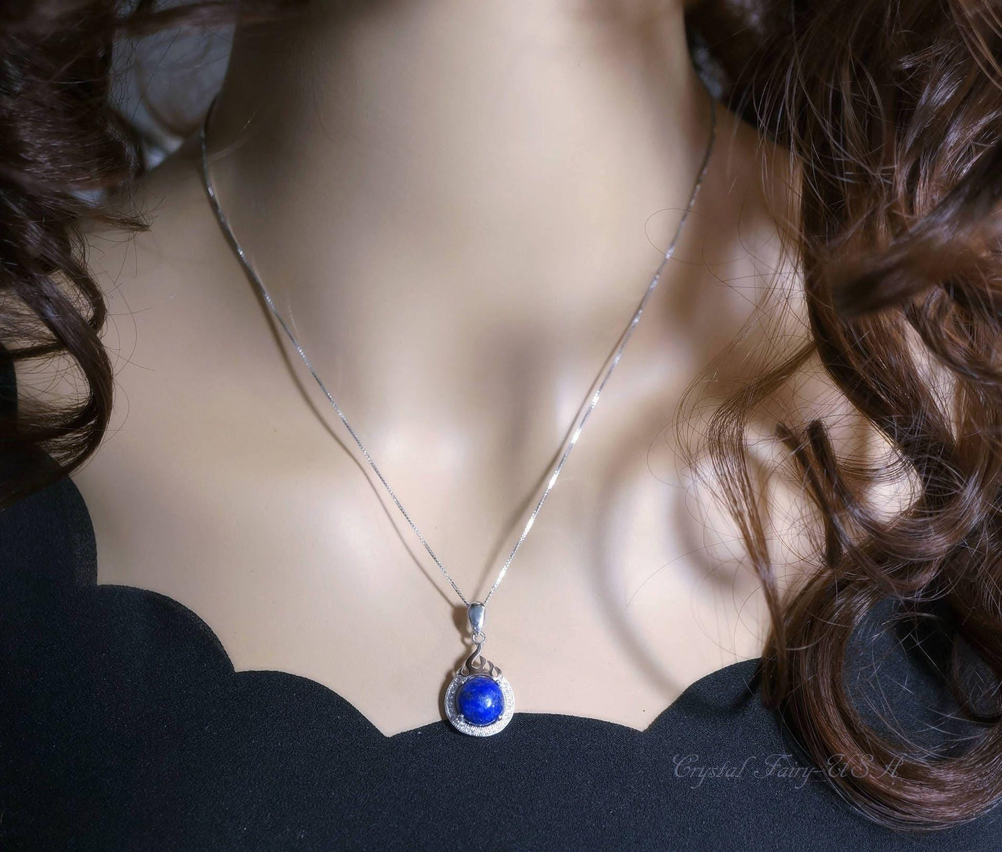 Lapis Lazuli Necklace - 18KGP @ Sterling Silver The Sacred Fire Flame Necklace Dainty Natural Blue Lapis Pendant - Round Halo Solitaire #343