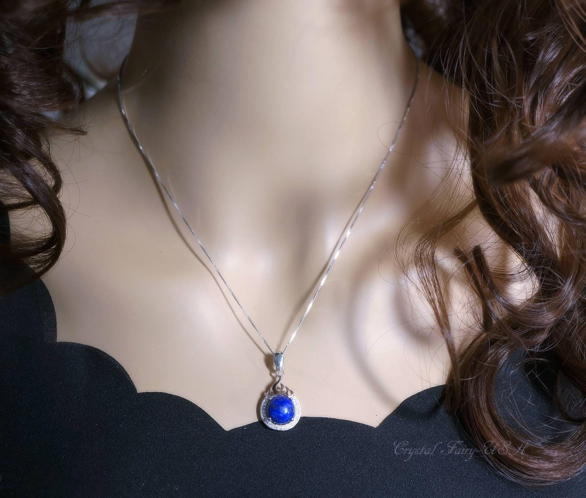 Lapis Lazuli Necklace - 18KGP @ Sterling Silver The Sacred Fire Flame Necklace Dainty Natural Blue Lapis Pendant - Round Halo Solitaire #343
