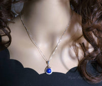 Lapis Lazuli Necklace - 18KGP @ Sterling Silver The Sacred Fire Flame Necklace Dainty Natural Blue Lapis Pendant - Round Halo Solitaire #343