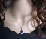 Lapis Lazuli Necklace - 18KGP @ Sterling Silver The Sacred Fire Flame Necklace Dainty Natural Blue Lapis Pendant - Round Halo Solitaire #343