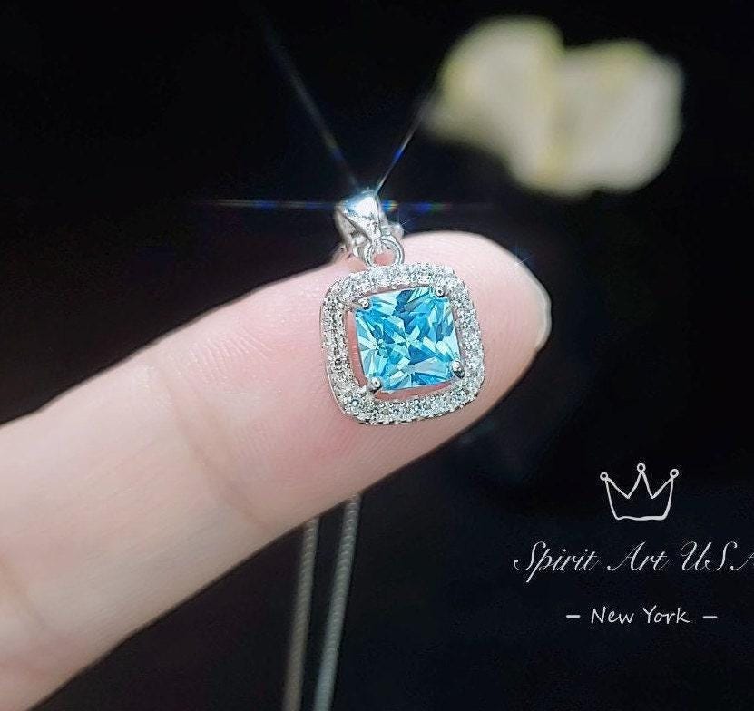 Square Aquamarine Pendant - Full 925 Sterling Silver Tiny Asscher Aquamarine Necklace 045