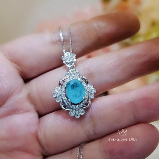 Paraiba Tourmaline Necklace - 18KGP @ Sterling Silver - Royal Flower Blue Gemstone Necklace - Green Paraiba Pendant #539
