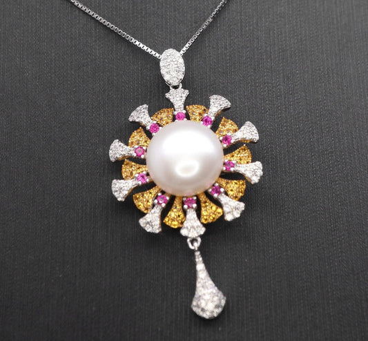 Genuine Large White Pearl Necklace, 18KGP @ Sterling Silver - Sunflower Sun Sunshine Style Fresh water Pearl Jewelry #640