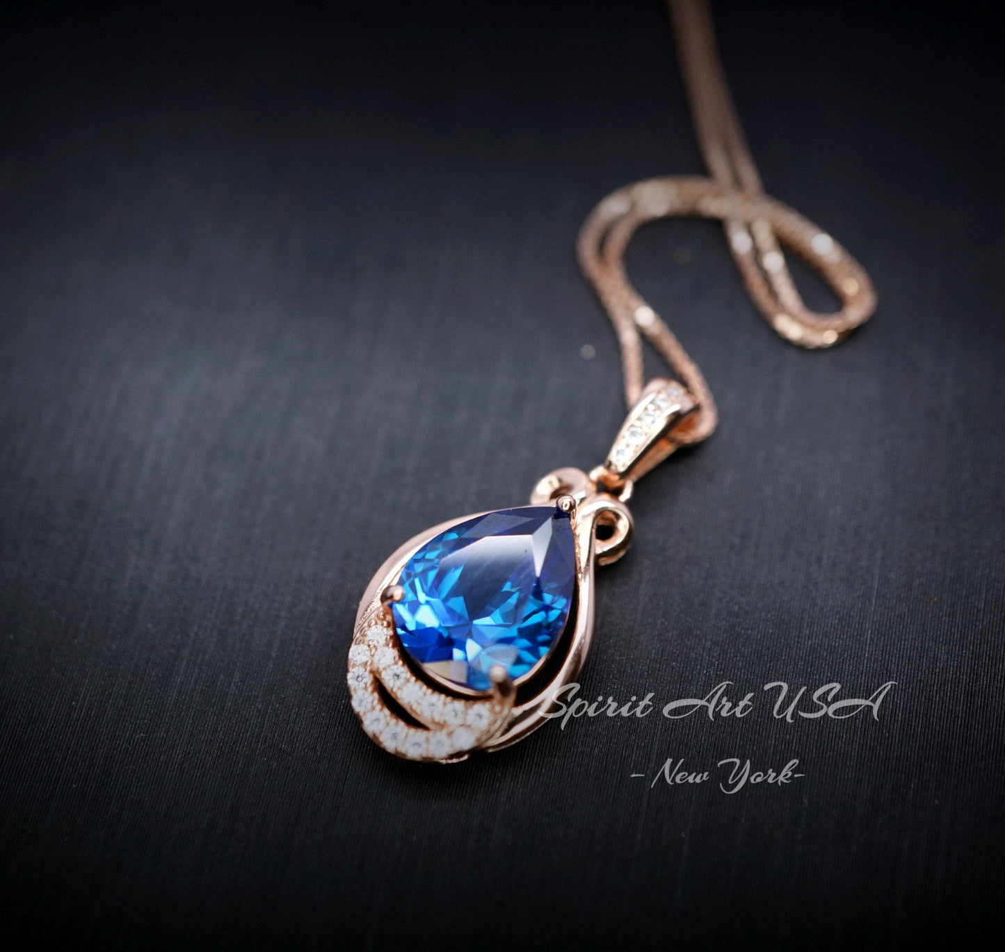 18K Rose Gold @ Sterling Silver - Blue Sapphire Necklace - Teardrop 2.5 Ct Large Blue Sapphire Pendant - September Birthstone #453