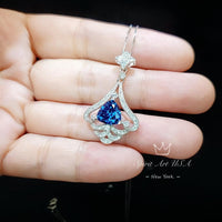 Mandolin flower Blue Sapphire Necklace - 1.2 ct Trillion Cut Blue Sapphire Pendant - White Gold coated Sterling Silver Gemstone Design #675