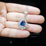 Mandolin flower Blue Sapphire Necklace - 1.2 ct Trillion Cut Blue Sapphire Pendant - White Gold coated Sterling Silver Gemstone Design #675