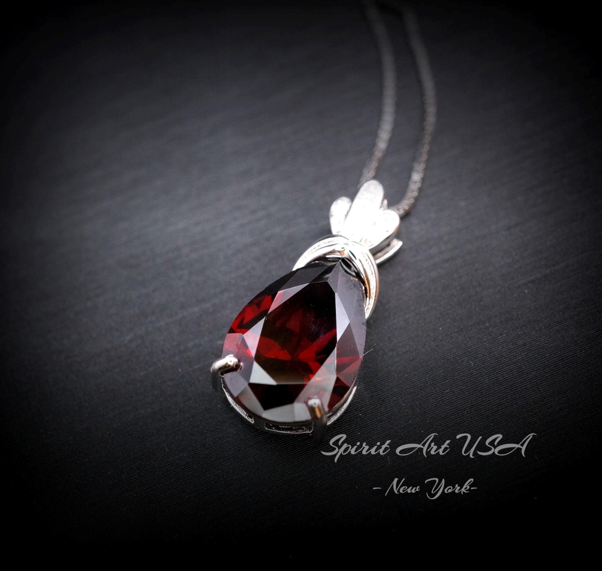 Large Teardrop Garnet Necklace - Sterling Silver Gemstone Royal Pear Lab Created Deep Orange Red Garnet Pendant Jewelry 6.5 CT #667