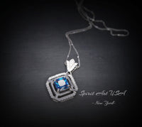 Square Blue Sapphire Necklace - White Gold plated Sterling Silver - 1 CT Blue Sapphire Pendant - Dainty Double Halo Tiny Crown Flower #392