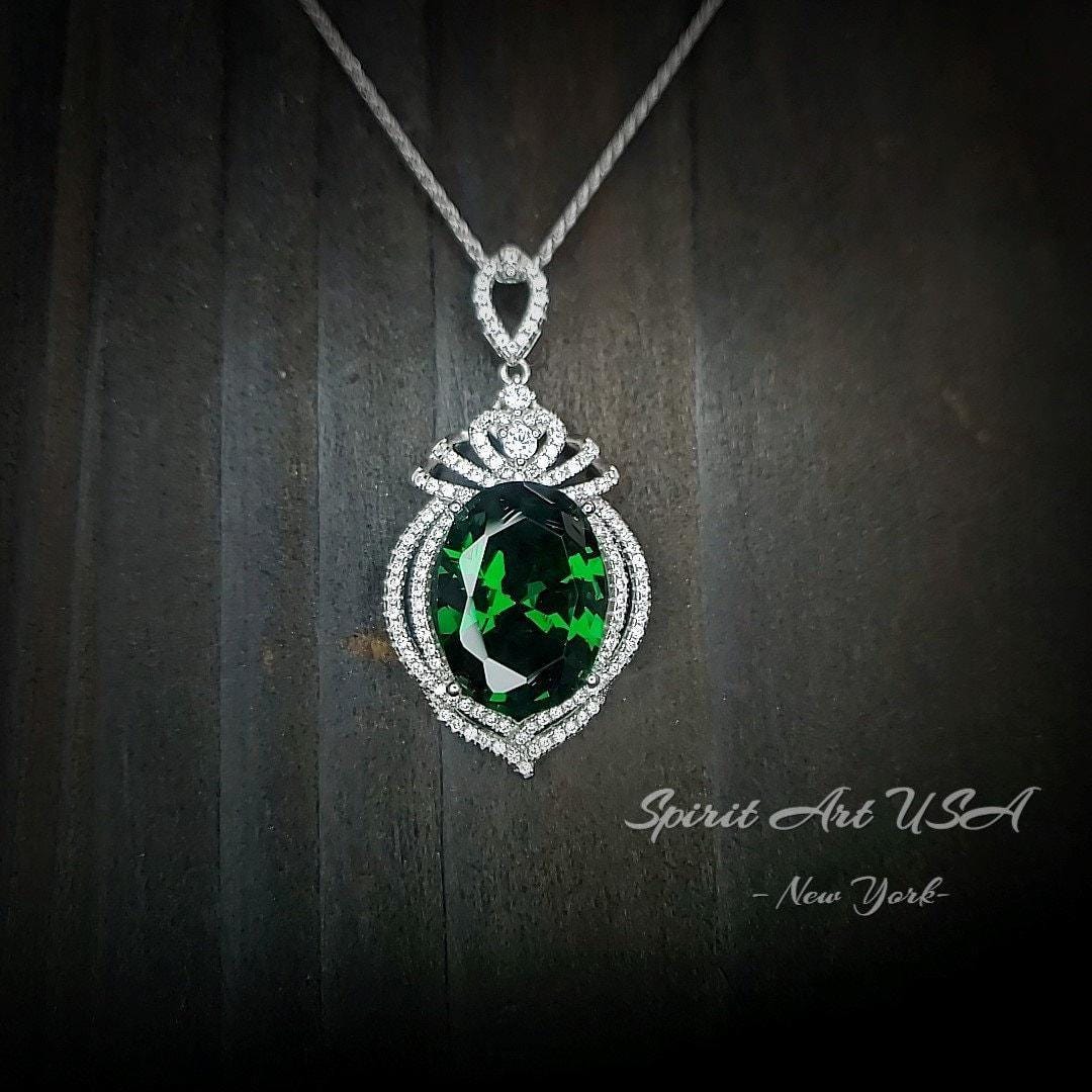 13 CT Large Emerald Necklace Royal Crown Oval Emerald Pendant Green Gemstone Jewelry Sterling Silver White Gold plated #914