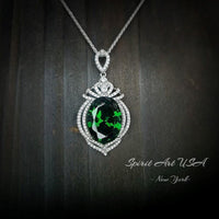 13 CT Large Emerald Necklace Royal Crown Oval Emerald Pendant Green Gemstone Jewelry Sterling Silver White Gold plated #914