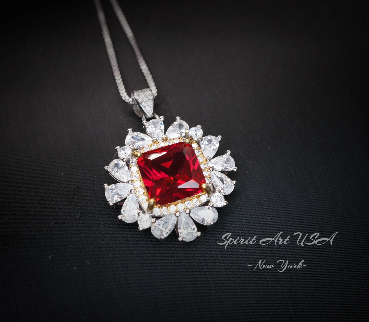 Luxury Square 7 CT Red Ruby Necklace, Gemstone Surround 18KGP @ Sterling Silver - Asscher Cut Large 10 MM Red Ruby Pendant #807