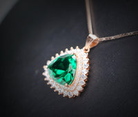 Large Triangle green emerald Necklace - Rose Gold Coated Sterling Silver High Quality Trillion Cut 8 CT Emerald Pendant #724