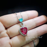 Ruby Necklace Sterling Silver - Double Heart Necklace - White Gold coated July Birthstone #649