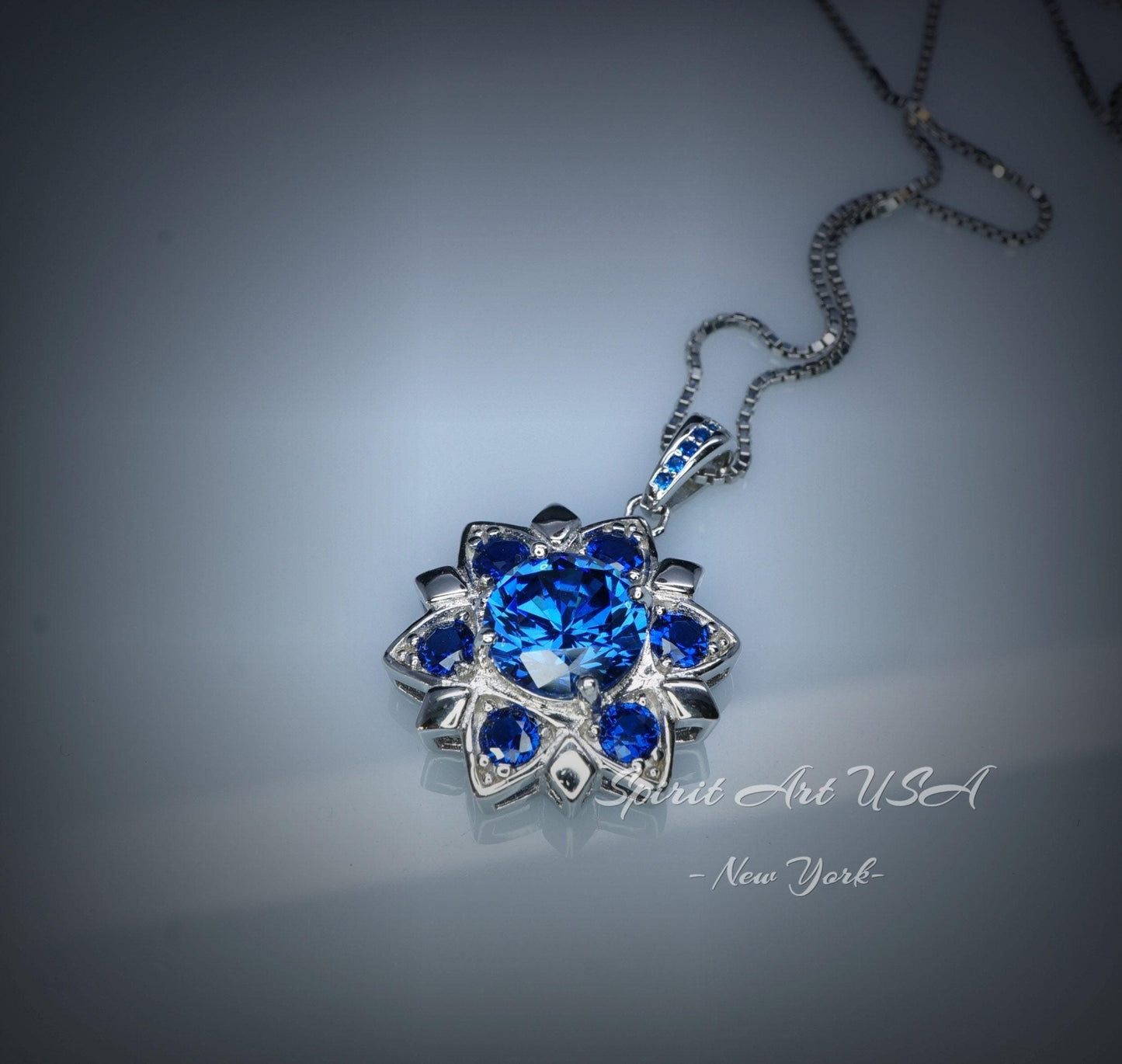Blue Corundum @ Blue Sapphire Necklace - Blue Sapphire Pendant - 18KGP @ Sterling Silver - Unique Blue corundum 6 Petal Flower Necklace #695