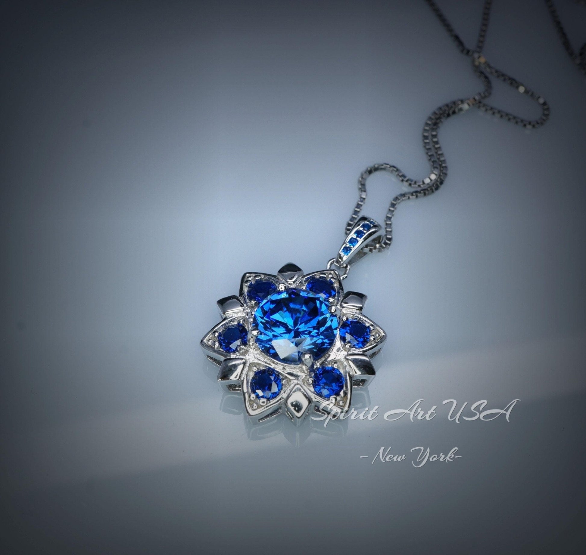 Blue Corundum @ Blue Sapphire Necklace - Blue Sapphire Pendant - 18KGP @ Sterling Silver - Unique Blue corundum 6 Petal Flower Necklace #695