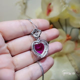 Pink Sapphire Heart Necklace 18KGP @ 925 Sterling Silver - Large 7 CT Fuchsia Heart - Royal Crown - Double Halo Large Pink Sapphire #841
