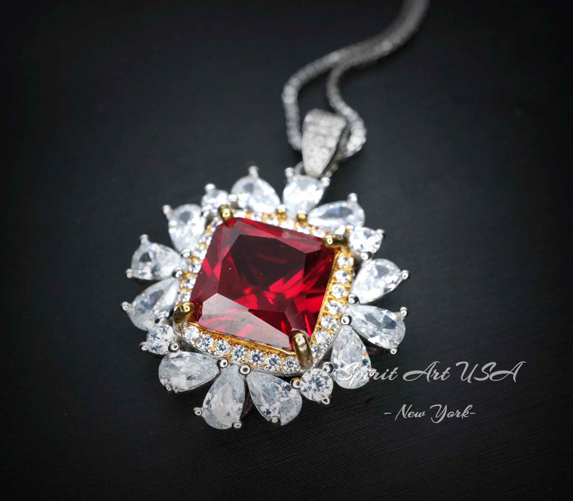 Luxury Square 7 CT Red Ruby Necklace, Gemstone Surround 18KGP @ Sterling Silver - Asscher Cut Large 10 MM Red Ruby Pendant #807