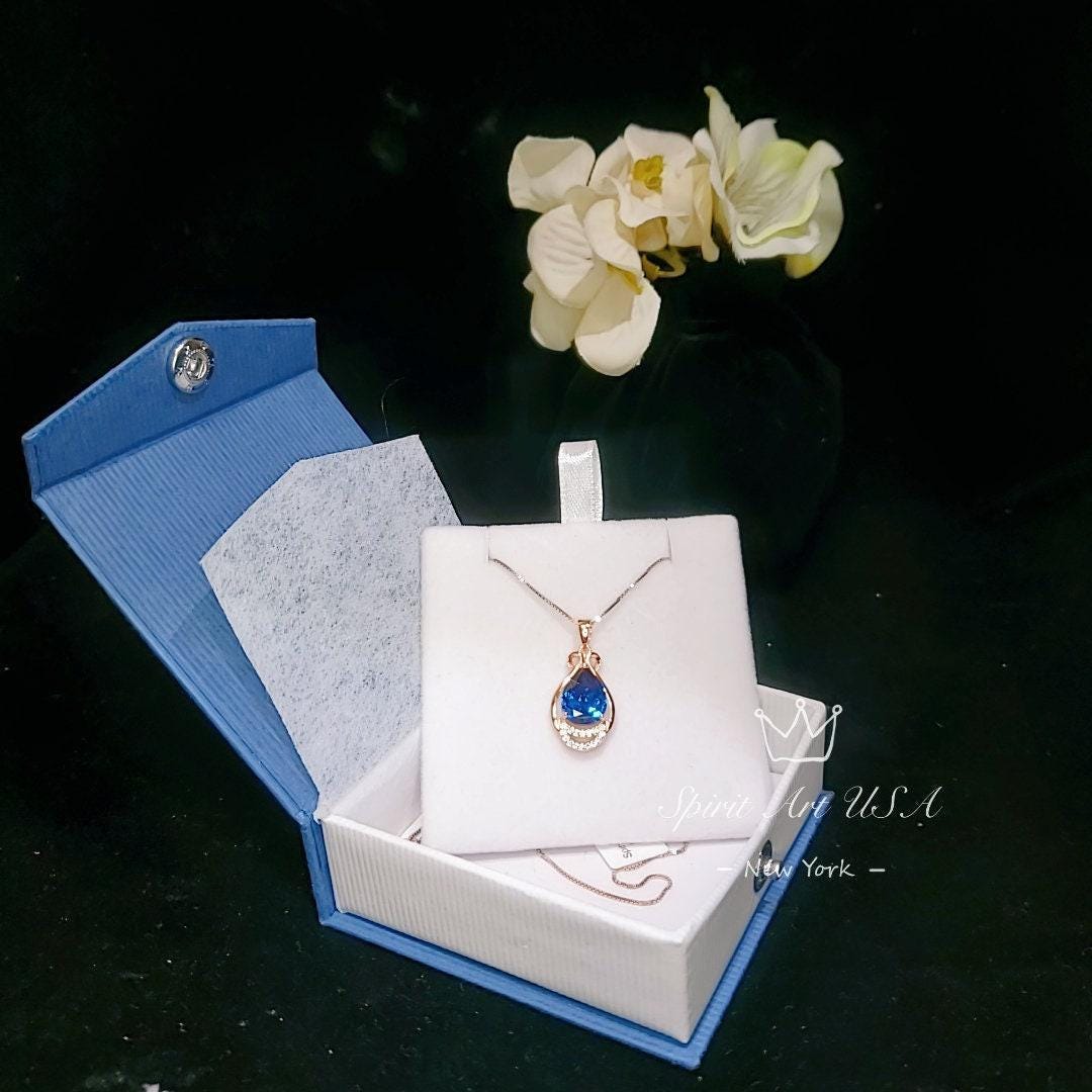 18K Rose Gold @ Sterling Silver - Blue Sapphire Necklace - Teardrop 2.5 Ct Large Blue Sapphire Pendant - September Birthstone #453