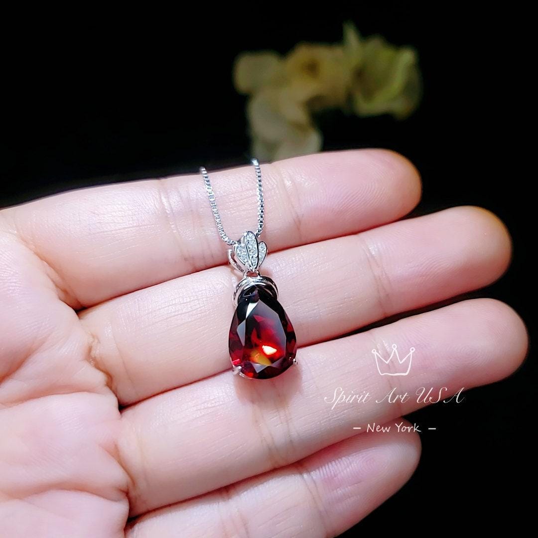 Large Teardrop Garnet Necklace - Sterling Silver Gemstone Royal Pear Lab Created Deep Orange Red Garnet Pendant Jewelry 6.5 CT #667