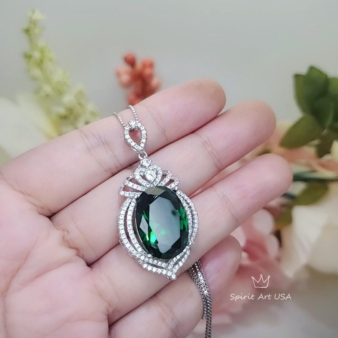 13 CT Large Emerald Necklace Royal Crown Oval Emerald Pendant Green Gemstone Jewelry Sterling Silver White Gold plated #914