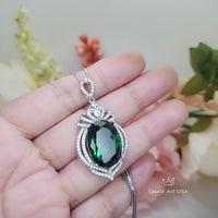 13 CT Large Emerald Necklace Royal Crown Oval Emerald Pendant Green Gemstone Jewelry Sterling Silver White Gold plated #914