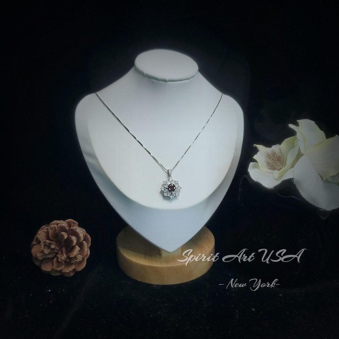 Garnet Necklace - Gemstone Flower Pendant - 18kgp @ Sterling Silver - Red Garnet Jewelry #603