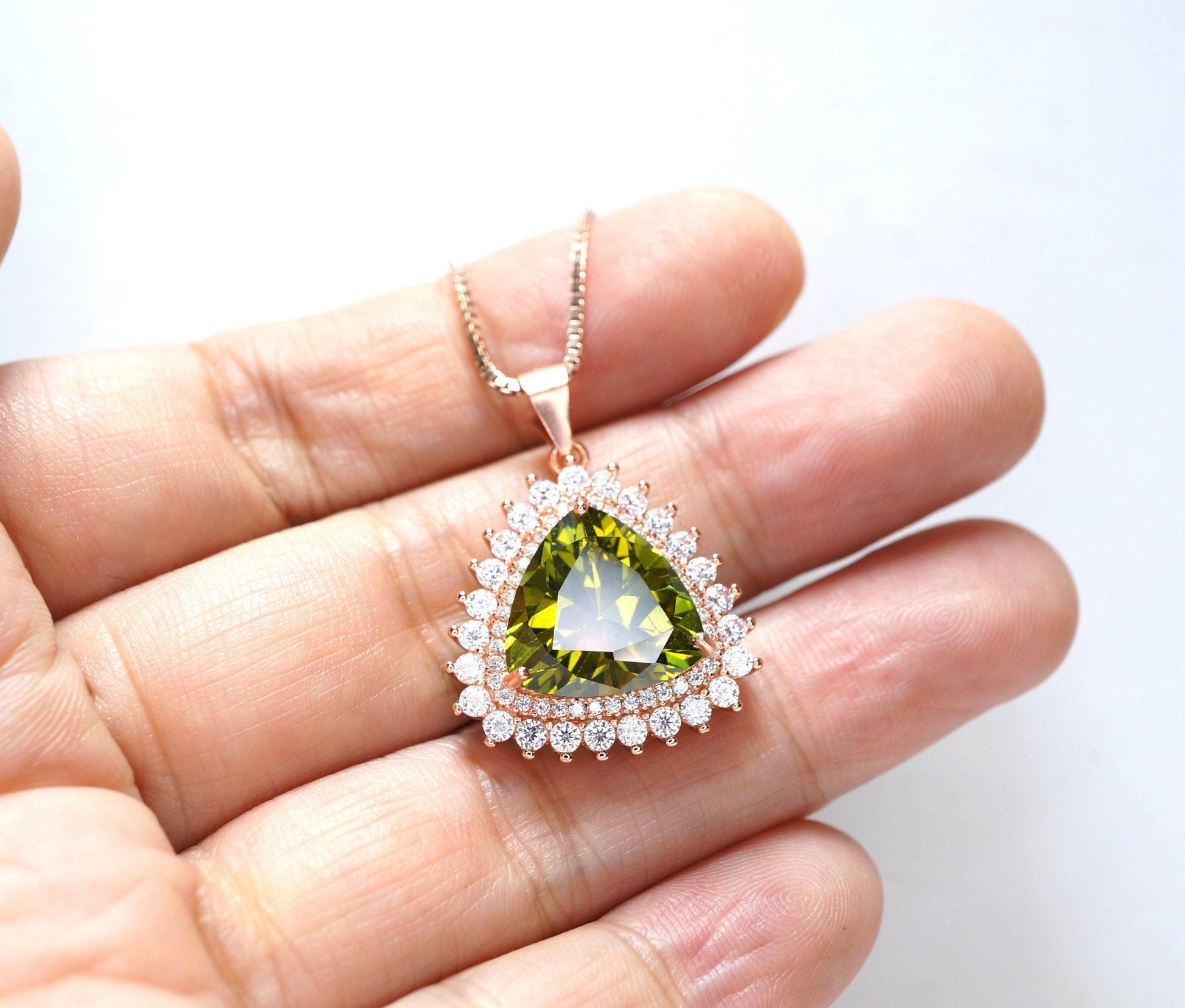Large Triangle Green Peridot Necklace - Rose Gold Coated Sterling Silver High Quality Trillion Cut 8 CT Peridot Pendant #727