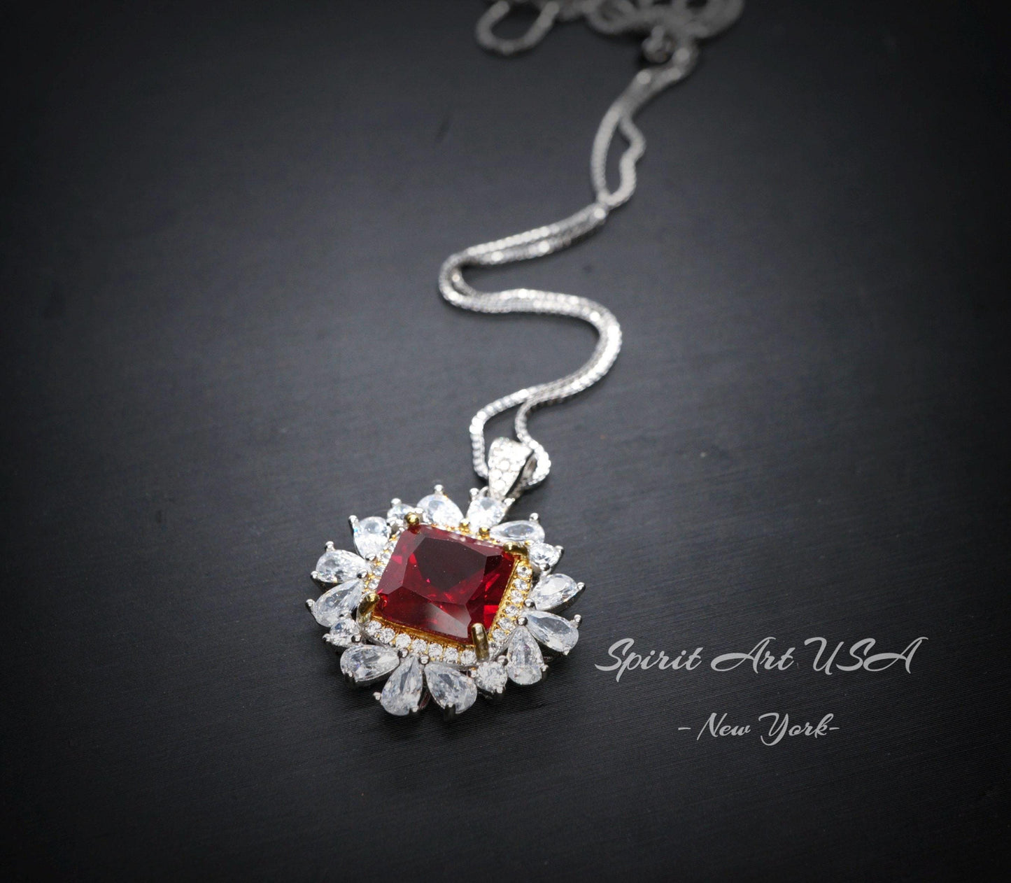 Luxury Square 7 CT Red Ruby Necklace, Gemstone Surround 18KGP @ Sterling Silver - Asscher Cut Large 10 MM Red Ruby Pendant #807