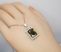 Large Rectangle Green Peridot Necklace Sterling Silver Deep Green August Birthstone Bridal Wedding Luxury Royal Peridot Pendant #1005