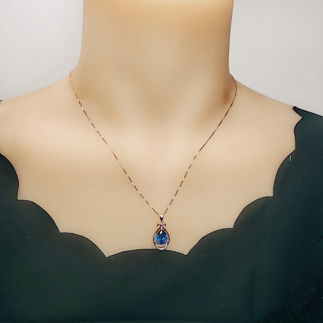 18K Rose Gold @ Sterling Silver - Blue Sapphire Necklace - Teardrop 2.5 Ct Large Blue Sapphire Pendant - September Birthstone #453