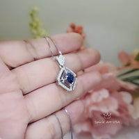 Square Blue Sapphire Necklace - White Gold plated Sterling Silver - 1 CT Blue Sapphire Pendant - Dainty Double Halo Tiny Crown Flower #392