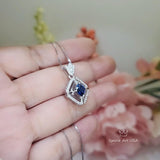Square Blue Sapphire Necklace - White Gold plated Sterling Silver - 1 CT Blue Sapphire Pendant - Dainty Double Halo Tiny Crown Flower #392