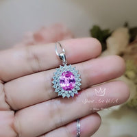 Pink Tourmaline Necklace - Two Layer Gemstone Halo 2.8 CT Pink Tourmaline Pendant - White Gold coated sterling silver #568