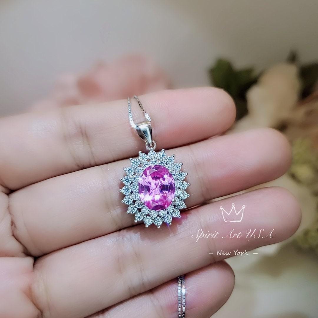 Pink Tourmaline Necklace - Two Layer Gemstone Halo 2.8 CT Pink Tourmaline Pendant - White Gold coated sterling silver #568