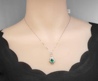 Large Emerald Necklace - 18KGP Sterling Silver - Flower Leaf Teardrop Emerald Jewelry- May Birthstone - Solitaire Halo Emerald Pendant #535