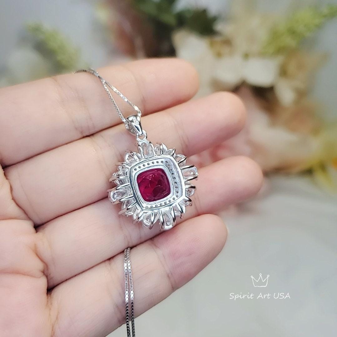 Luxury Square 7 CT Red Ruby Necklace, Gemstone Surround 18KGP @ Sterling Silver - Asscher Cut Large 10 MM Red Ruby Pendant #807