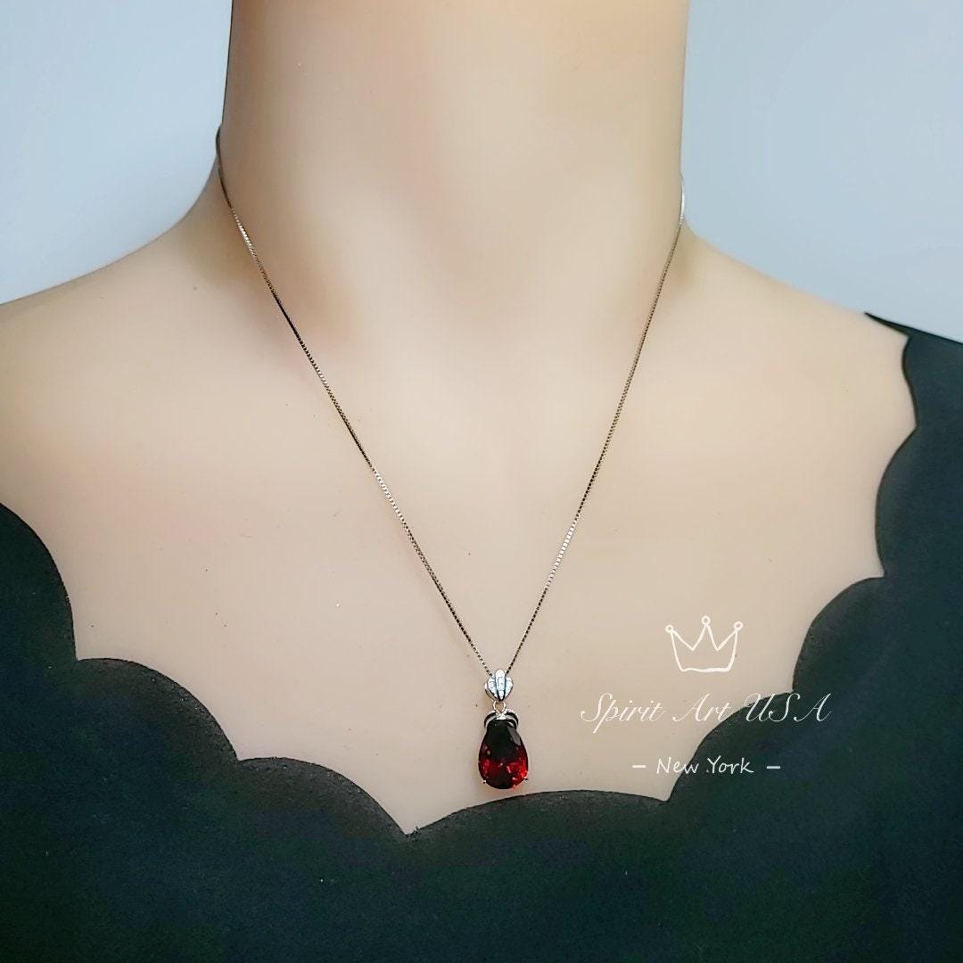 Large Teardrop Garnet Necklace - Sterling Silver Gemstone Royal Pear Lab Created Deep Orange Red Garnet Pendant Jewelry 6.5 CT #667