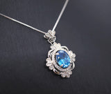 Large Blue Topaz Necklace - Sterling Silver Gemstone Victoria Flower Solitaire Blue Topaz Pendant #627
