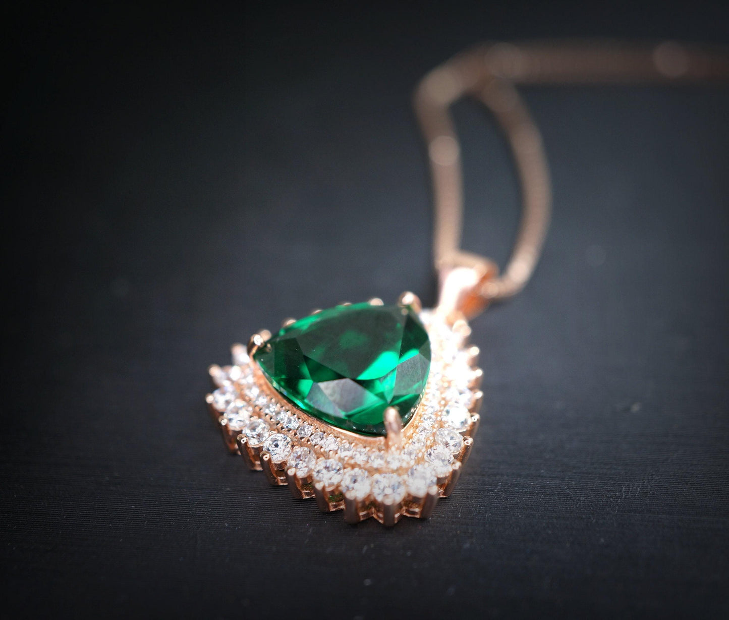 Large Triangle green emerald Necklace - Rose Gold Coated Sterling Silver High Quality Trillion Cut 8 CT Emerald Pendant #724