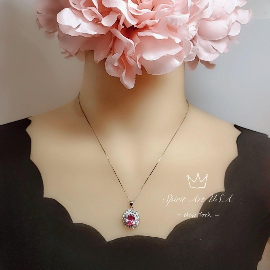 Pink Tourmaline Necklace - Two Layer Gemstone Halo 2.8 CT Pink Tourmaline Pendant - White Gold coated sterling silver #568