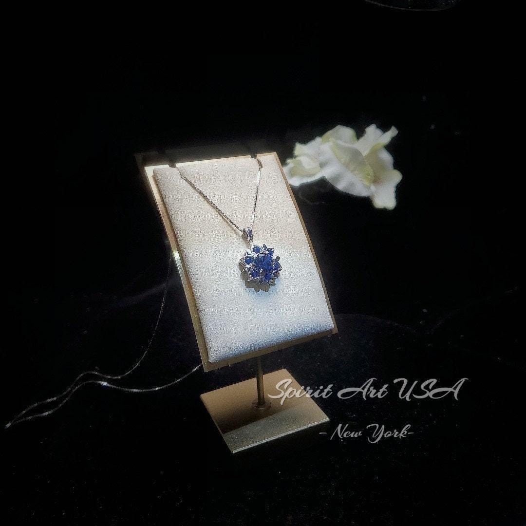 Blue Corundum @ Blue Sapphire Necklace - Blue Sapphire Pendant - 18KGP @ Sterling Silver - Unique Blue corundum 6 Petal Flower Necklace #695