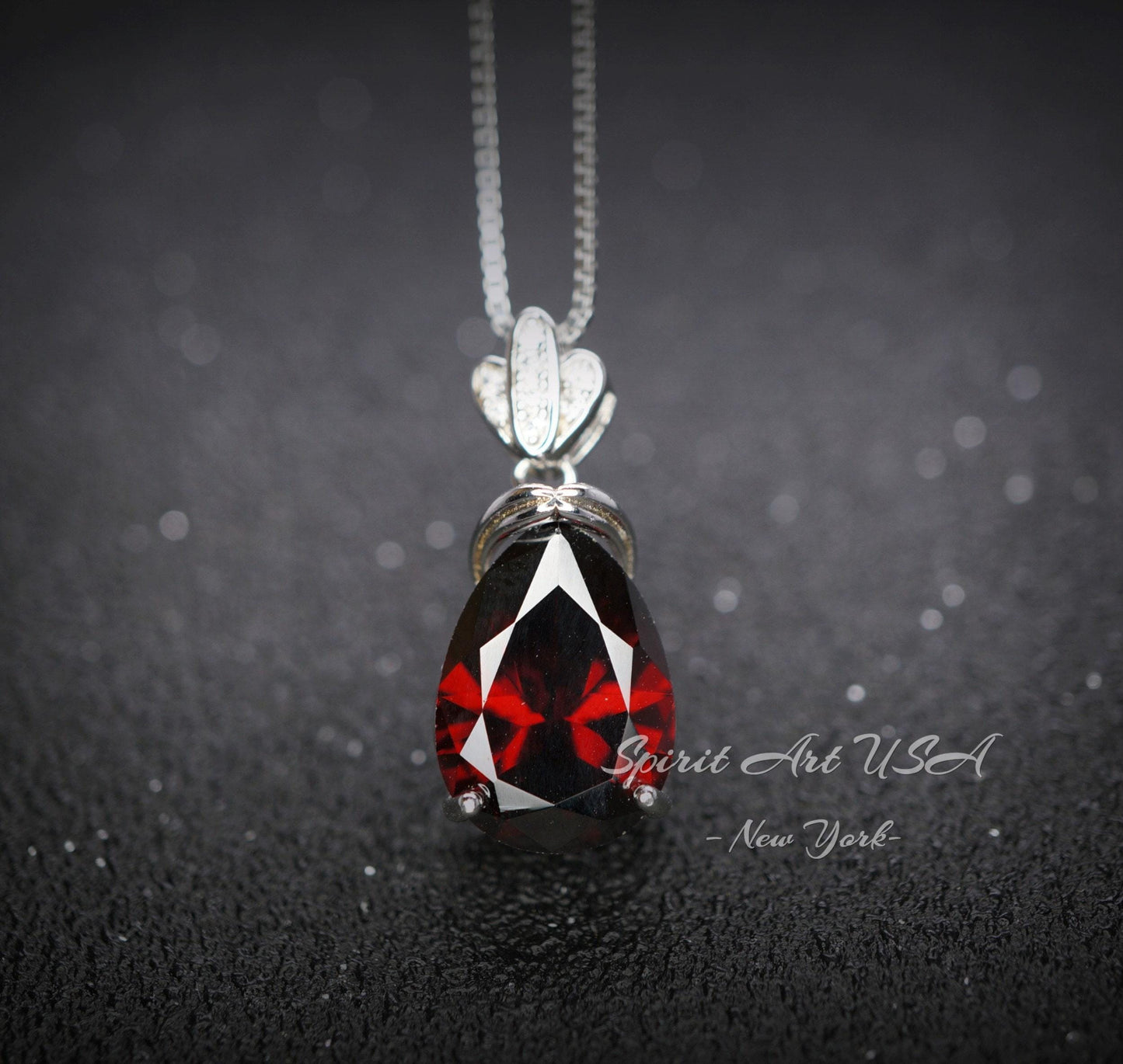 Large Teardrop Garnet Necklace - Sterling Silver Gemstone Royal Pear Lab Created Deep Orange Red Garnet Pendant Jewelry 6.5 CT #667