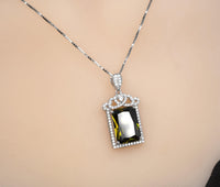 Large Rectangle Green Peridot Necklace Sterling Silver Deep Green August Birthstone Bridal Wedding Luxury Royal Peridot Pendant #1005