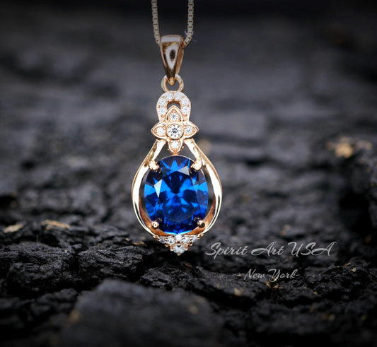 Rose Gold Blue Sapphire Necklace Sterling Silver 3 Ct Oval Large Blue Gemstone Pendant Blue Sapphire Jewelry #647