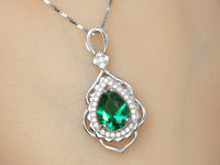 Large Emerald Necklace - 18KGP Sterling Silver - Flower Leaf Teardrop Emerald Jewelry- May Birthstone - Solitaire Halo Emerald Pendant #535