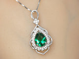Large Emerald Necklace - 18KGP Sterling Silver - Flower Leaf Teardrop Emerald Jewelry- May Birthstone - Solitaire Halo Emerald Pendant #535
