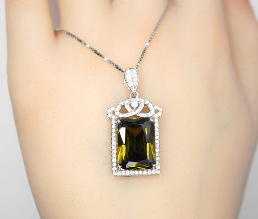 Large Rectangle Green Peridot Necklace Sterling Silver Deep Green August Birthstone Bridal Wedding Luxury Royal Peridot Pendant #1005